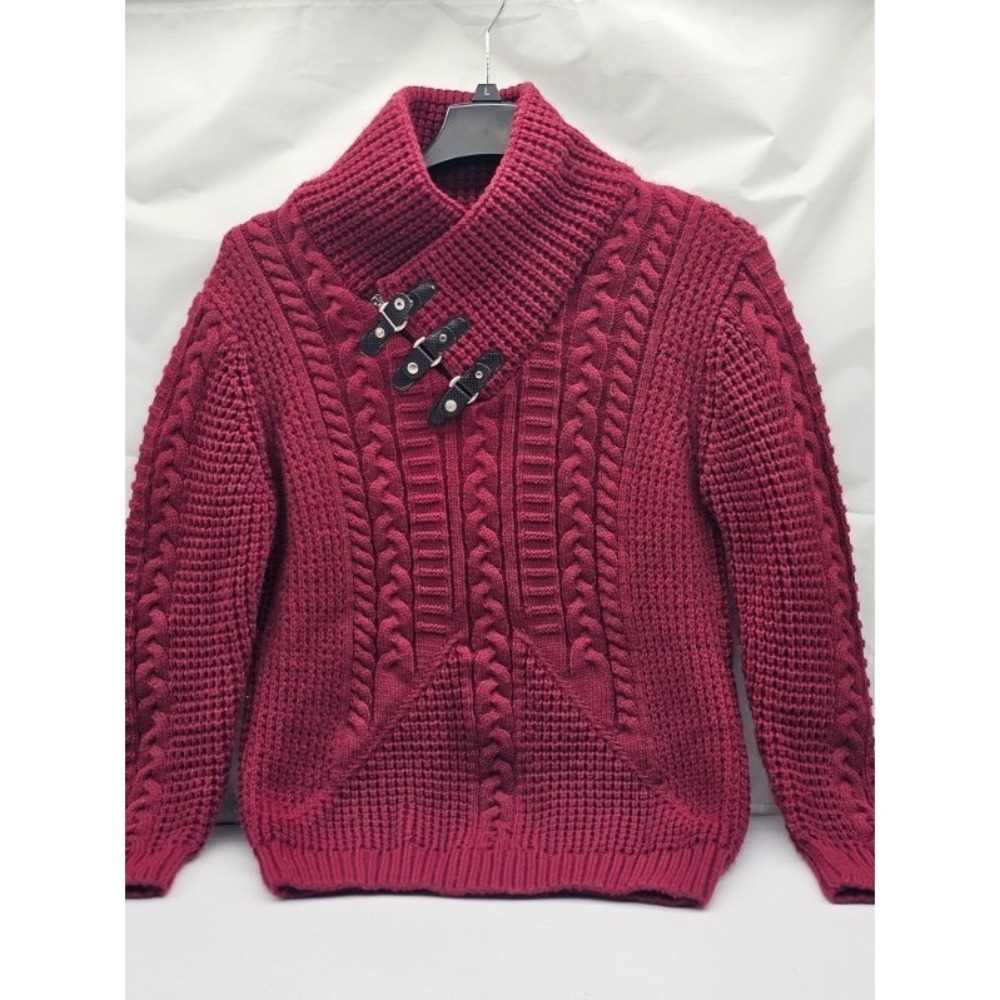 De Niko Mens Wool Blend Cable Knit Sweater Large Chunky Braided Zipper Buckle
